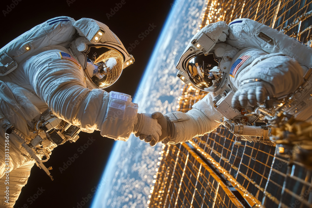 Two astronauts shake hands outside a space station, with Earth in the background. Concept of space exploration and teamwork. For education and science material