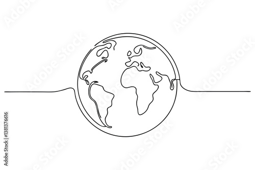 Continuous Line Drawing of Earth Planet with Detailed Continents Outline for Environmental Awareness and Global Unity Concept