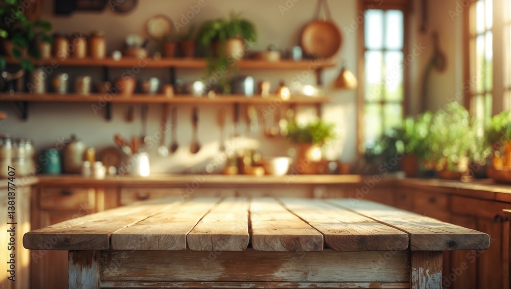 Wooden tabletop with a wooden pedestal and available space for your decoration. Kitchen interior featuring shelves. Natural light and shadows. Mockup area for your products. Wooden tabletop with a wooden pedestal and available space for your decoration. Kitchen interior featuring shelves. Natural light and shadows. Mockup area for your products.