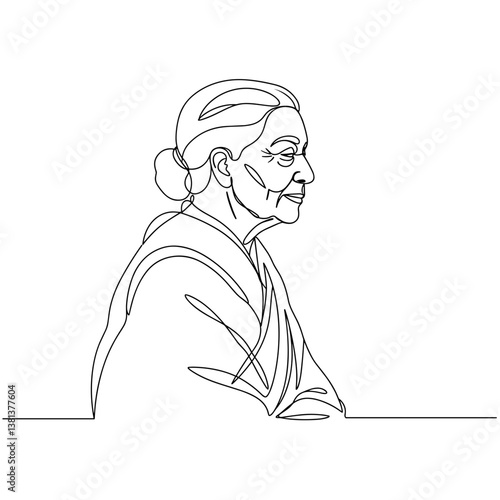 Elderly woman in spiritual retreat, line drawing, minimalist style, black and white  