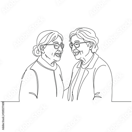 Senior women chatting happily in line drawing style  