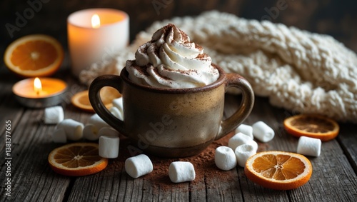 Wallpaper Mural A warm winter atmosphere featuring ample copy space on a rustic wooden backdrop. Adorned with candles, lights, a lantern, a wool scarf, a hot beverage, and marshmallows. Torontodigital.ca