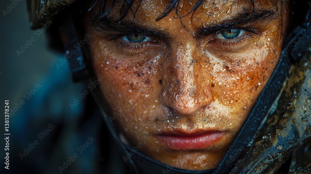 Intense Portrait of a Soldier with Muddy Face and Determined Expression during Military Training Intense Portrait of a Soldier with Muddy Face and Determined Expression during Military Training