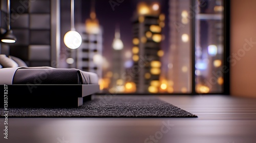 Modern bedroom interior with city skyline view at night, featuring stylish furnishings and ambiance