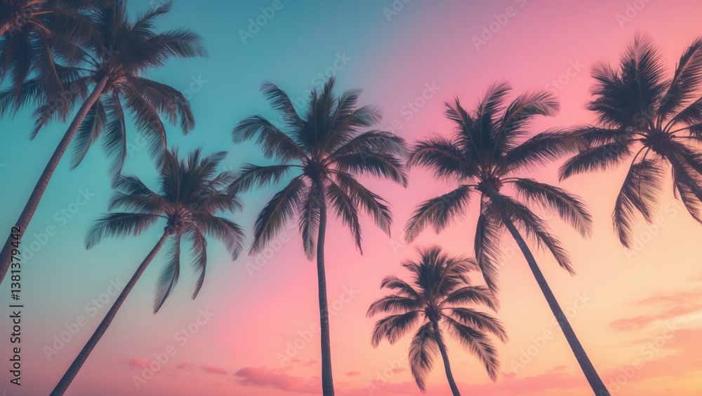 Copy space featuring the silhouette of tropical palm trees against an abstract background. Concept of summer vacation and nature travel adventure. Filter effect in pastel tone color style. Copy space featuring the silhouette of tropical palm trees against an abstract background. Concept of summer vacation and nature travel adventure. Filter effect in pastel tone color style.