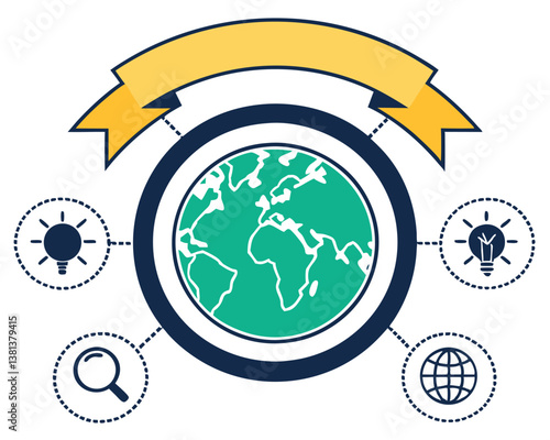 Global Network of Ideas: Earth with Question Mark, Lightbulb, Mail, Gear.
