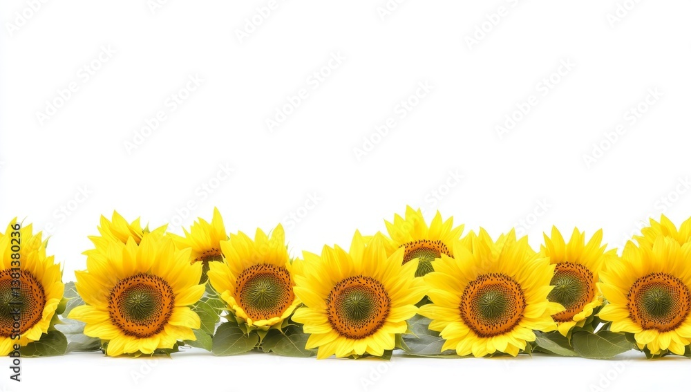 Sunflowers in a horizontal row against white background Sunflowers in a horizontal row against white background