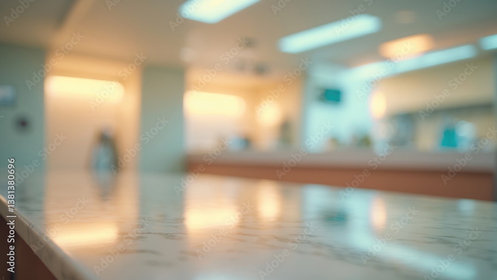 Fototapeta premium Marble table surface with blurred medical interior backdrop.
