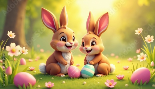 Easter Rabbits In Spring Meadow With Easter Eggs Featuring Playful Character Design And Vibrant Floral Elements For Festive Branding And Seasonal Storytelling, AI Generated