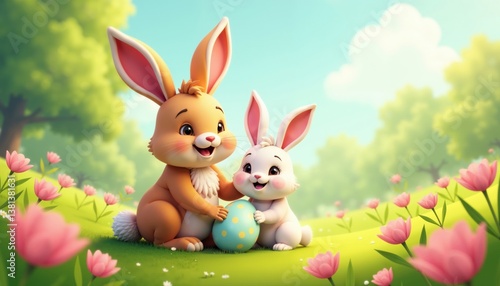 Easter Rabbits In Spring Meadow With Easter Eggs Featuring Playful Character Design And Vibrant Floral Elements For Festive Branding And Seasonal Storytelling, AI Generated