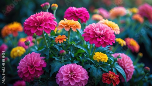 Marigolds and various northern decorative flowers flourish in flower beds - common zinnia (Zinnia elegans). Tropical winter perspective of floriculture.