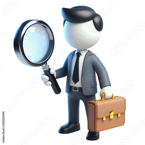 3d businessman holding magnifying glass isolated on white background