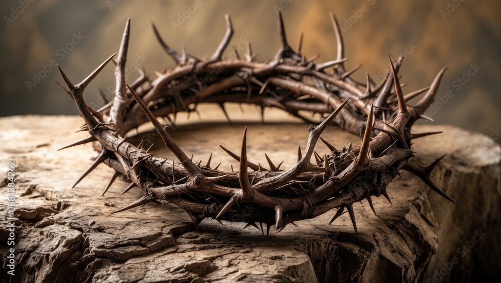 Crown of thorns placed on a marble surface, with space for text. Christian theme of suffering. Crown of thorns placed on a marble surface, with space for text. Christian theme of suffering.