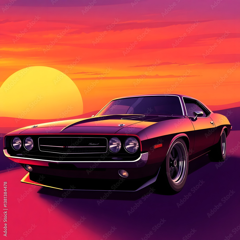 Obraz premium Abstract futuristic sci-fi style illustration, smooth gradient transition, sleek muscle car with glossy finish against a sunset art illustration design