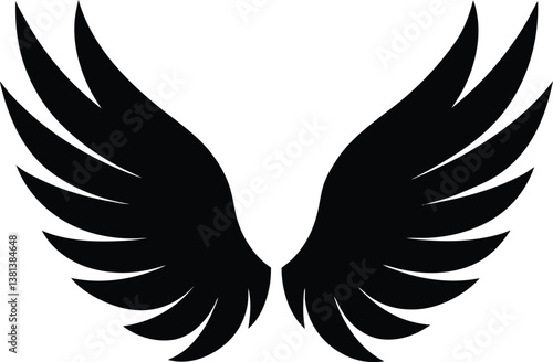 Two Black Decorative Wings Symbolizing Freedom and Elegance on a White Background