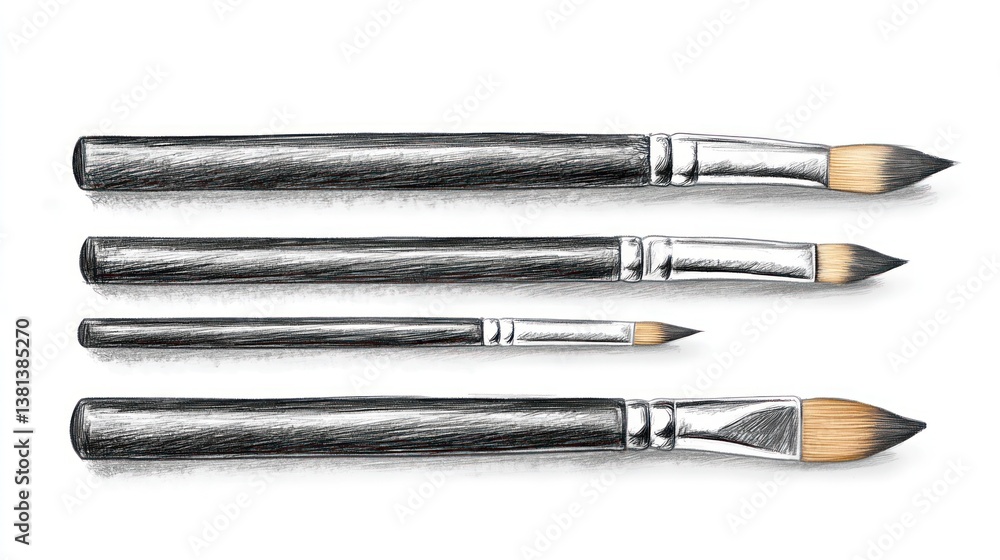 Four sketching paintbrushes arranged on white Four sketching paintbrushes arranged on white