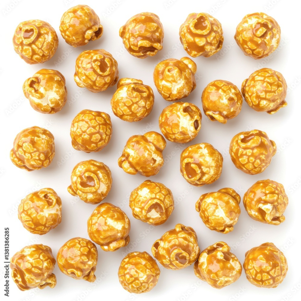 A close up view of caramel popcorn arranged on a plain white surface in a square pattern A close up view of caramel popcorn arranged on a plain white surface in a square pattern