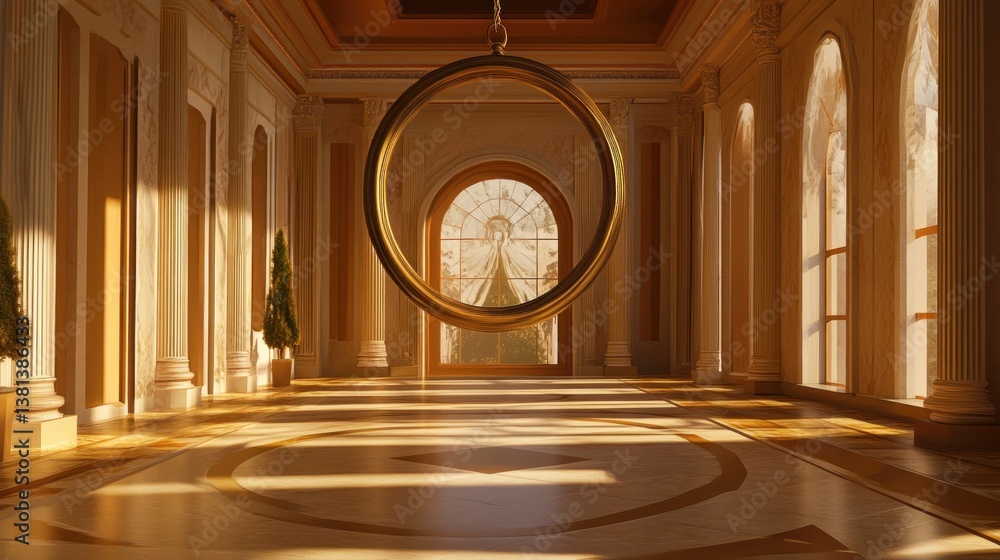 Obraz premium Golden ring hangs in sunlit palace hallway