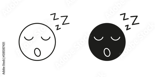 Sleeping Face with ZZZ Line and Silhouette Icon Set. Peaceful Rest and Sleepy Expression Symbol. Face with Closed Eyes and ZZZ Sign, Nap Concept. Editable Stroke. Isolated Vector Illustration