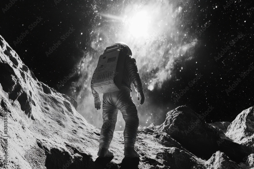 Obraz premium Realistic depiction of an astronaut exploring the lunar surface during a cosmic journey, Highly realistic of an astronaut walking on the moon