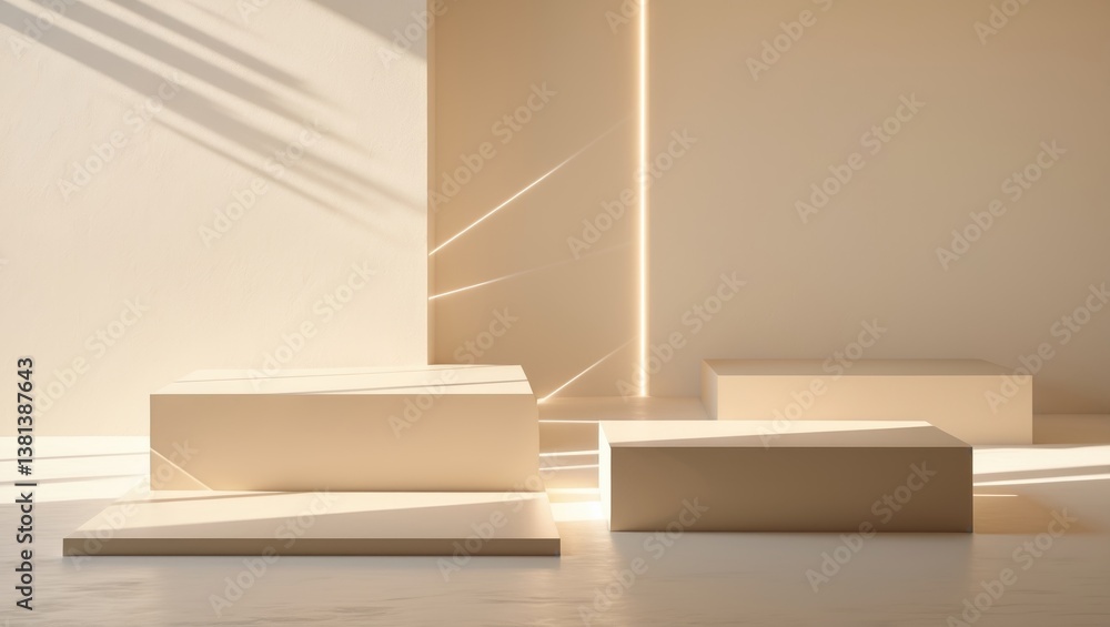 Luxury beige soft abstract table platform with geometrical forms featuring empty space and soft light beams - mock-up for background presentations and editing on a white backdrop. Luxury beige soft abstract table platform with geometrical forms featuring empty space and soft light beams - mock-up for background presentations and editing on a white backdrop.