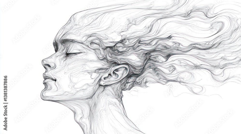 Fototapeta premium Abstract female profile, flowing lines, white background