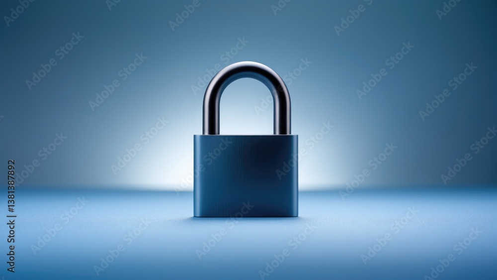 Fototapeta premium Metal padlock with a frosted surface, symbolizing security, placed on a blue background.