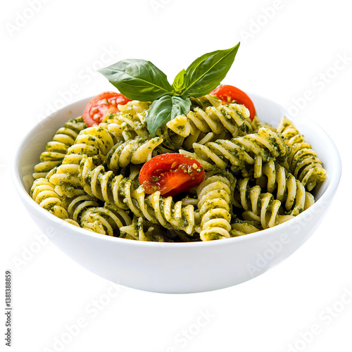 white bowl of pesto pasta viewed from side perspective

