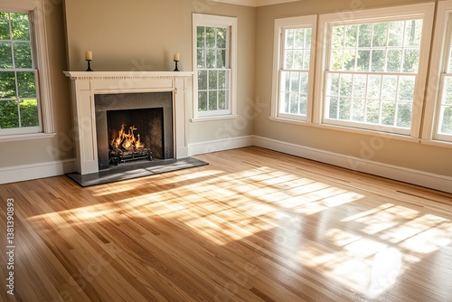 Newly stained light wood floor in a large room with a fireplace and windows, showing the glow of sunlight