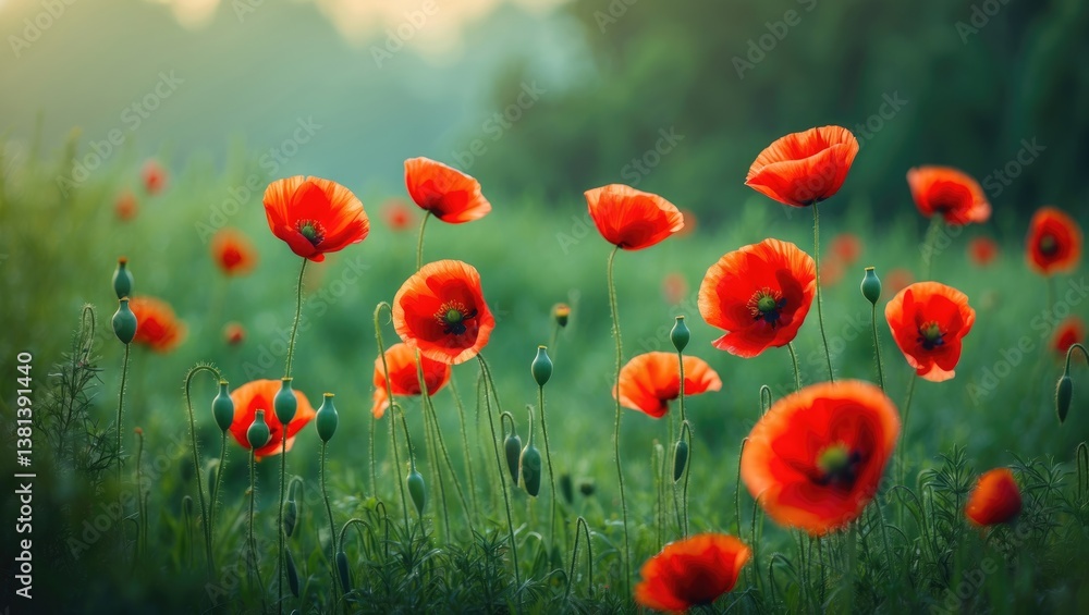 Fototapeta premium A vibrant field filled with red poppies extends infinitely, their brilliant petals swaying in the sunlight, forming a stunning, picturesque display of natural beauty and tranquility.