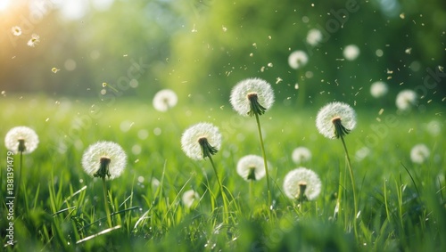 Dandelion field with floating blowballs in the air, fresh green nature scenery pollination concept with blurred backdrop.