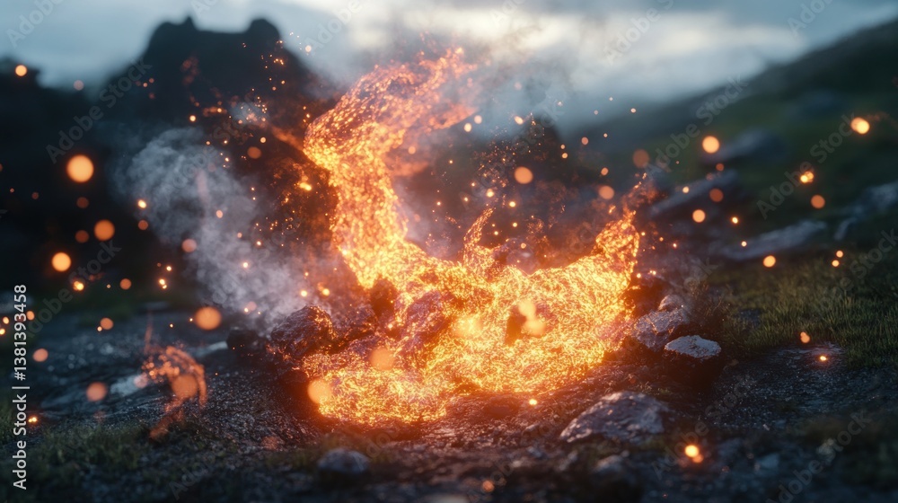 Fiery flames consuming rocks on mountainside at twilight Fiery flames consuming rocks on mountainside at twilight