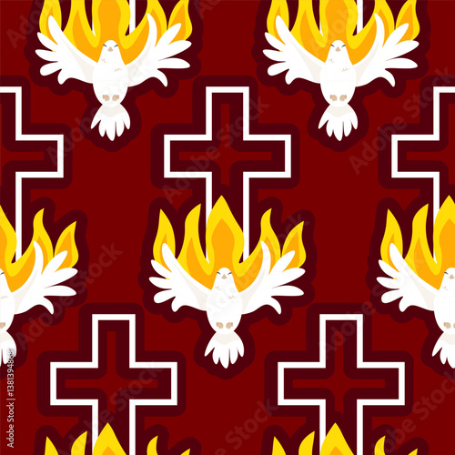 White dove symbol of the Holy Spirit with a Cross on a red background in a seamless pattern by Pentecost