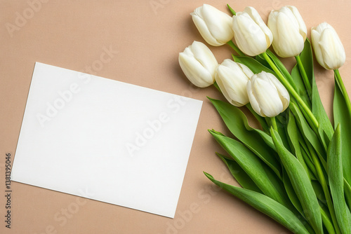Wallpaper Mural Blank postcard placed next to a fresh bouquet of white tulips on a soft mocha mousse background for creative design use. spring background banner, delicate flowers minimalism. empty space for text. fl Torontodigital.ca