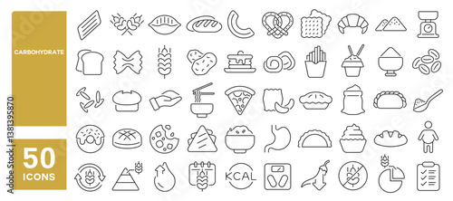 Set of 50 line icons related to carbohydrate, whole grains, nutrition, wheat, rice, bread, pasta, gluten, flour, chips, carb, Editable stroke. Vector illustration