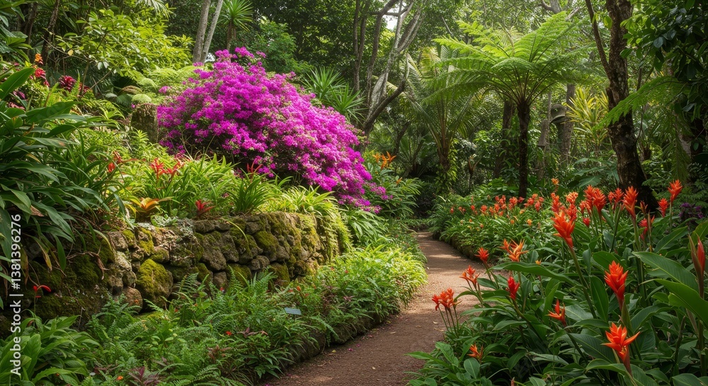 Fototapeta premium Botanical Garden Path Lush Foliage and Flowers - Serene garden path, vibrant tropical flowers, lush greenery, tranquility, natural beauty. Symbolizing peace, growth, abundance, paradise, and renewal