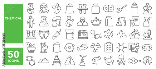 Set of 50 line icons related to chemical, laboratory, chemistry, toxic, science, mask, microscope, flask, molecular, process, reaction, Editable stroke. Vector illustration