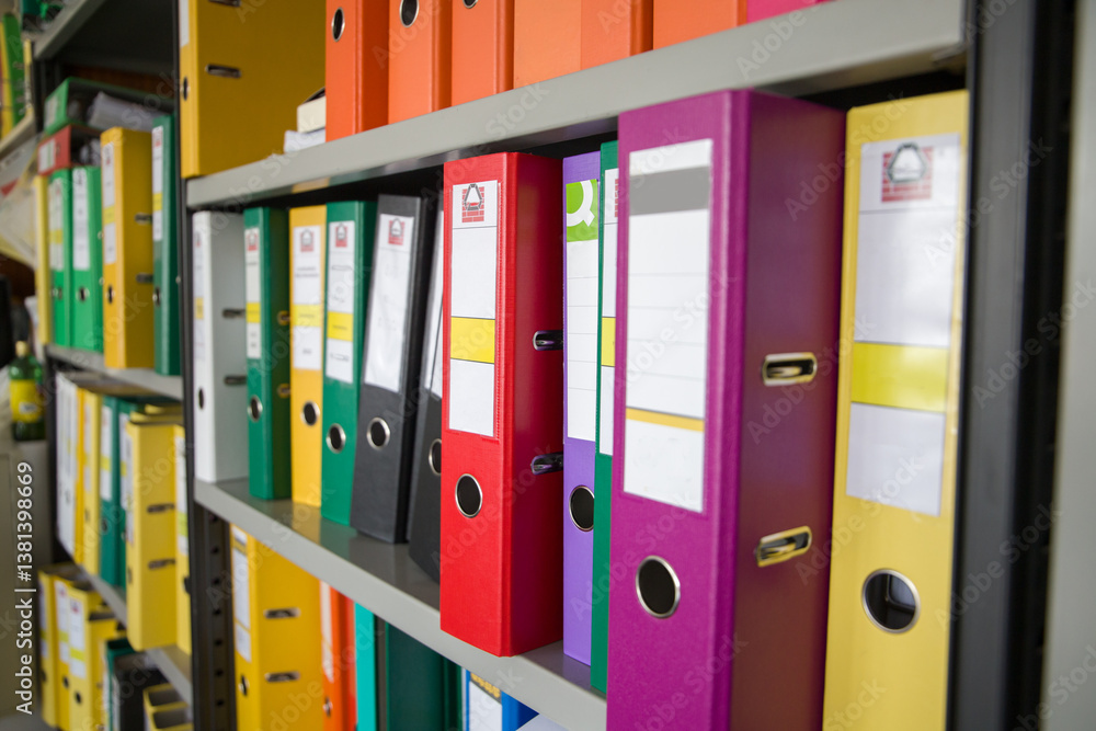 Office folders with documents on shelves in the office. Business concept. Office folders with documents on shelves in the office. Business concept.