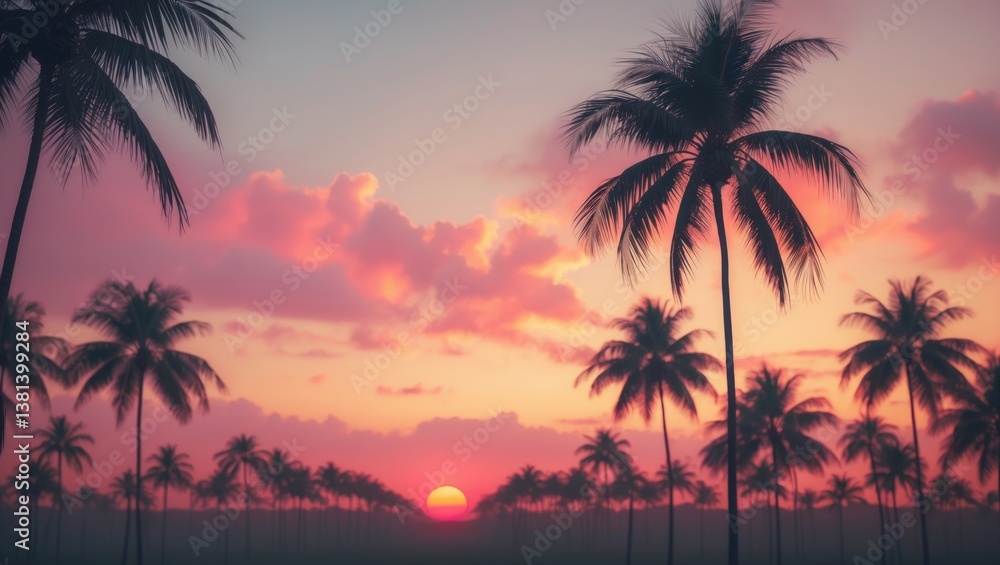 Fototapeta premium Copy space of tropical palm tree silhouette against the sunlight in the sky and cloud abstract background. Nature travel adventure and summer vacation concept.