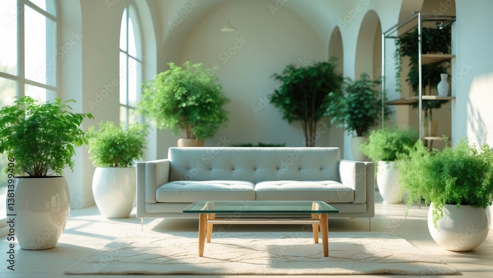 Fototapeta premium Cozy sofa, table and various houseplants positioned by window in living room interior.