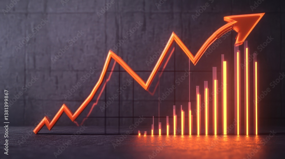 A 3D render of a neon orange arrow pointing up, alongside a modern graph with a bold upward trend, set on a dark gray background A 3D render of a neon orange arrow pointing up, alongside a modern graph with a bold upward trend, set on a dark gray background