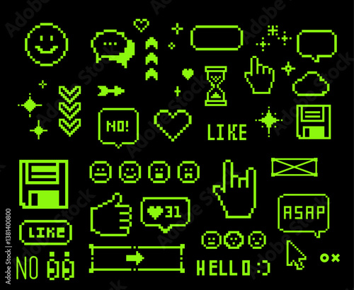 Digital vector illustration with green pixel art icons on black, including hearts, arrows, and text bubbles. It evokes a retro, nostalgic aesthetic with classic 8-bit style graphics.