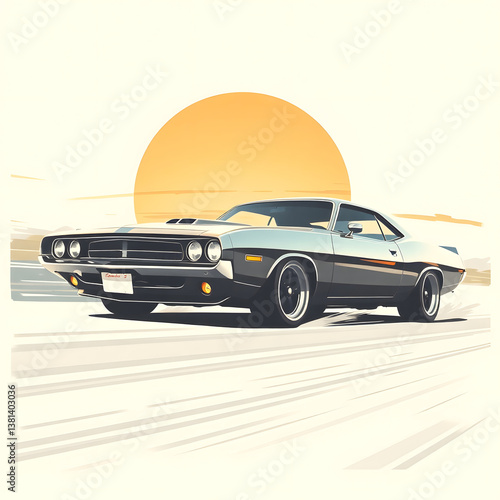  Abstract futuristic sci-fi style illustration, smooth gradient transition, sleek muscle car with glossy finish against a sunset art illustration design