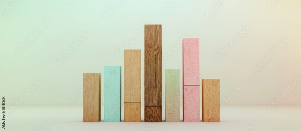 A bar graph made of earthy brown and tan wooden planks, with the bars in light blue, pink, and green, placed on a pale, abstract gradient background A bar graph made of earthy brown and tan wooden planks, with the bars in light blue, pink, and green, placed on a pale, abstract gradient background