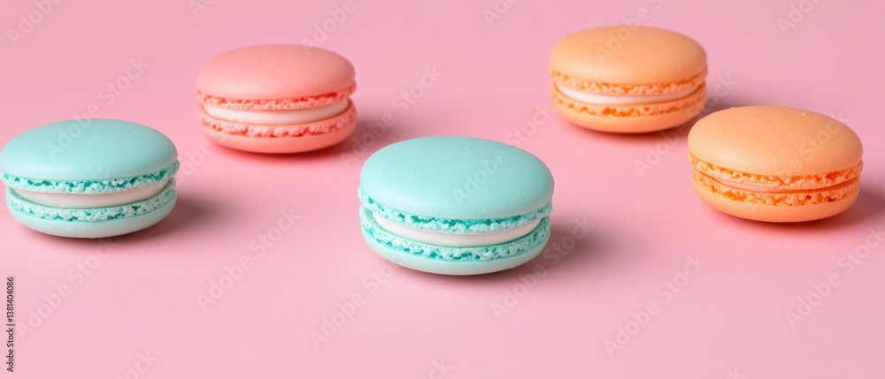 Fototapeta premium Colorful Macarons on Pastel Pink Background: French Dessert Aesthetic in Modern Minimalism