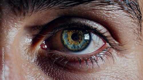 Close-up view reveals intricate details of a striking eye with vibrant colors and textures in a captivating setting