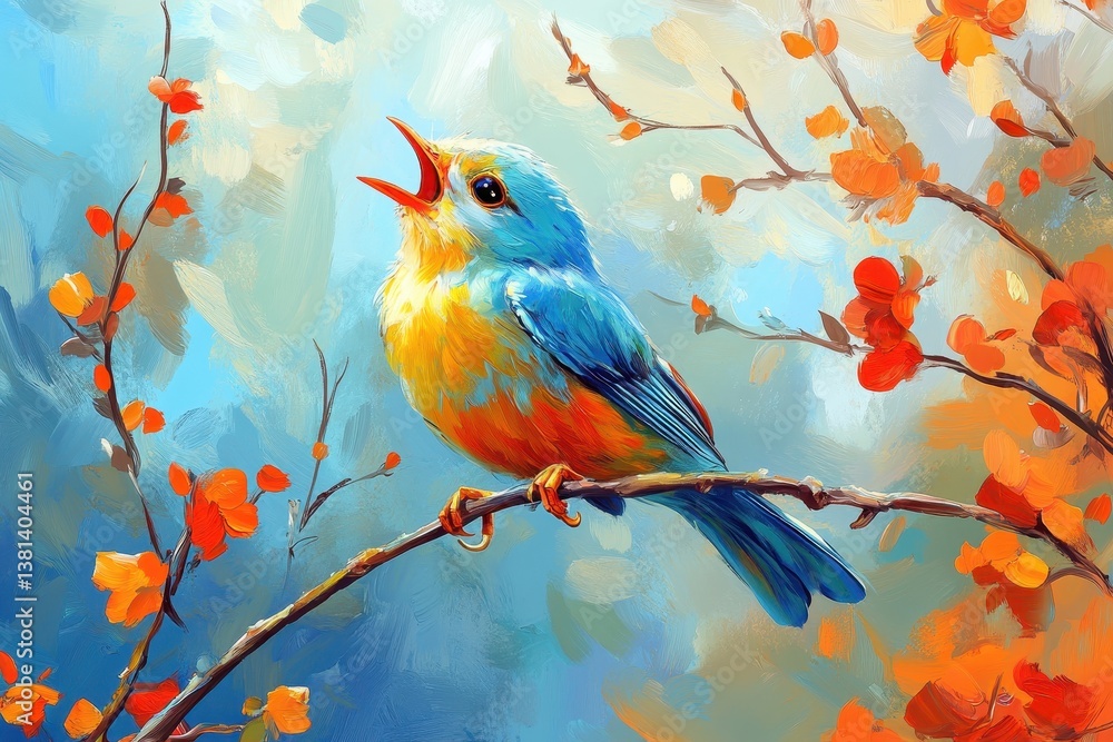 Obraz premium Colorful wild bird singing on a branch surrounded by blossoms in a vibrant landscape, bird, wild beautiful colorful sings on a branch