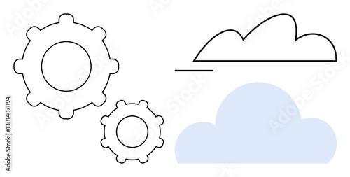 Two outlined gears aligned with a blue cloud and a minimal line-drawn cloud. Ideal for technology, innovation, teamwork, cloud computing, automation, digital transformation, simplified workflow. Flat