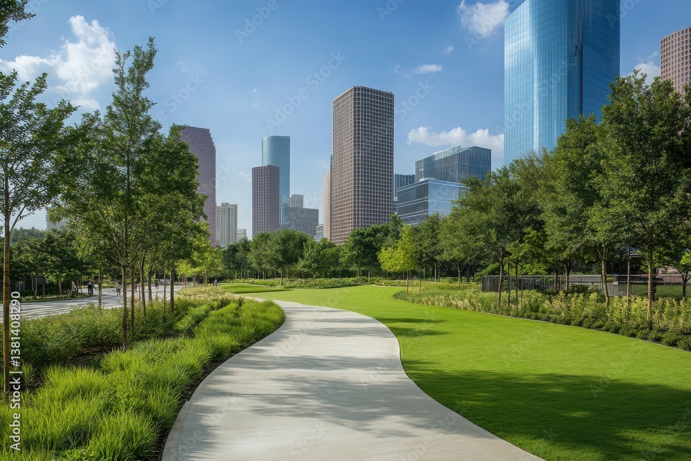 A tranquil urban park pathway winding through lush greenery, offering a serene escape amidst towering city skyscrapers under a bright, sunny sky. A tranquil urban park pathway winding through lush greenery, offering a serene escape amidst towering city skyscrapers under a bright, sunny sky.