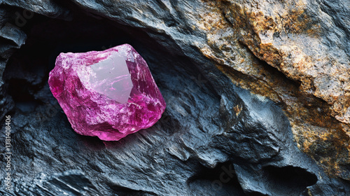 Wallpaper Mural Vibrant Pink Gemstone on Dark Rock  Nature s Jewel  Raw Crystal  Mineral  Rough Stone  Geo Torontodigital.ca